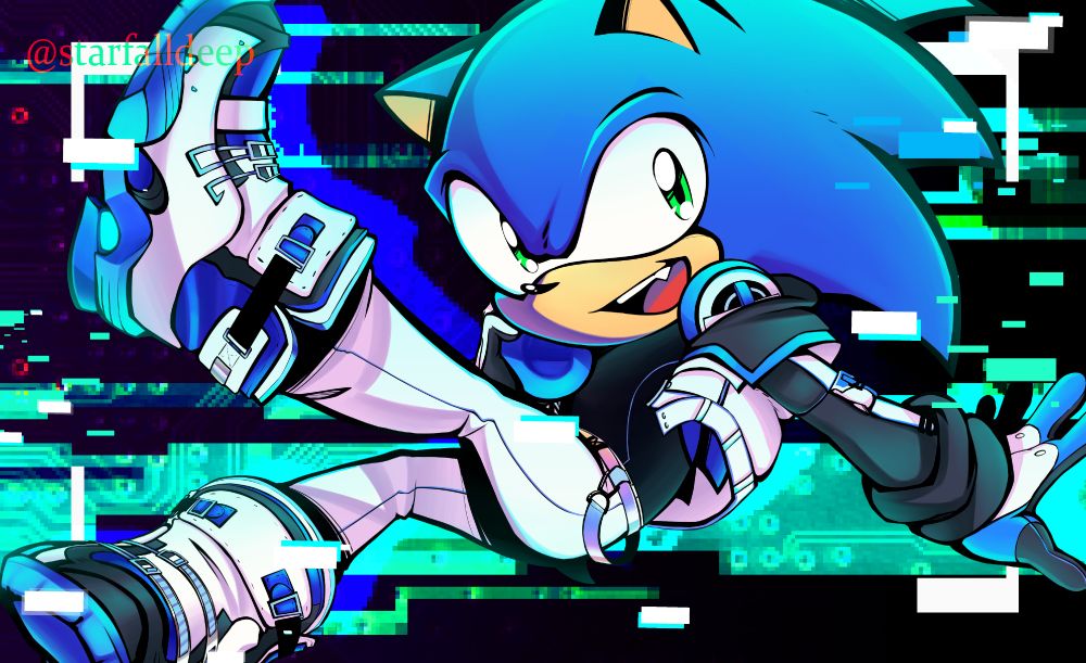 A digital illustration of Sonic the Hedgehog in the loose techwear hoodie and baggy pants of the Vanguard Scouting set from Final Fantasy 14. He is smiling, legs kicked up on a circuitboard backdrop.