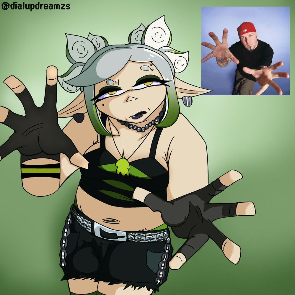 digital art of my mall goth design of marie from the squid sisters and splatoon. she is drawn doing the "titty grabbing" pose fred durst of limp bizkit had done during a photoshoot. this was also a partial study that was gonna stay as a doodle but i ended up rendering. typical for me as usual











#splatoon3 #nintendo #marie #squidsisters #mallgoth #goth #gothic #digitalart #doodle #art #sketches #artstudy