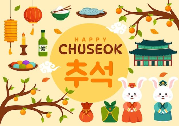 Cute illustration of various chuseok traditions such as rice cakes, various foods, and 2 bunnies wearing hanbok.