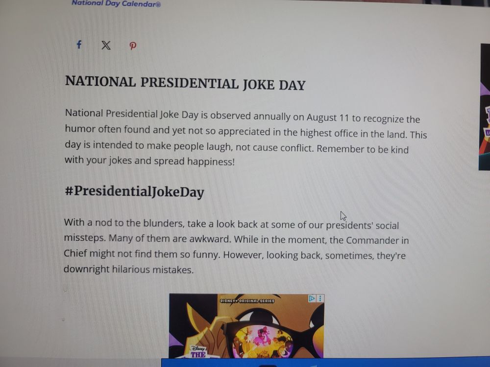 Screenshot of definition: National Presidential Joke Day is observed annually on August 11 to recognize the humor often found and yet not so appreciated in the highest office in the (USA) land.