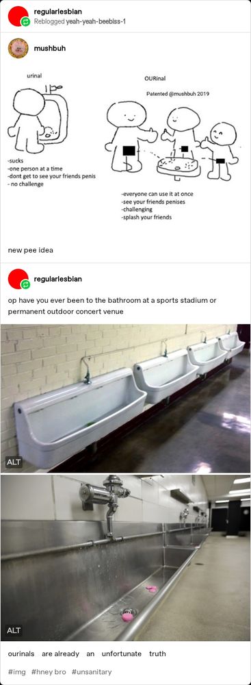 Screenshot of a tumblr post of a cartoon drawing highlighting the pros of an "ourinal" for communal urination over single urinals, and a response of real life pictures from men's bathrooms of existing communal urinals or "urinal troughs"