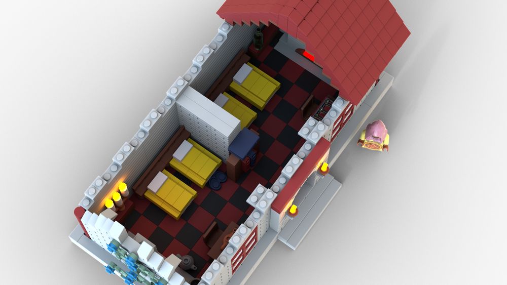 internal view from above to show the yellow-blanketed beds, writing desks, fireplaces, candles etc 