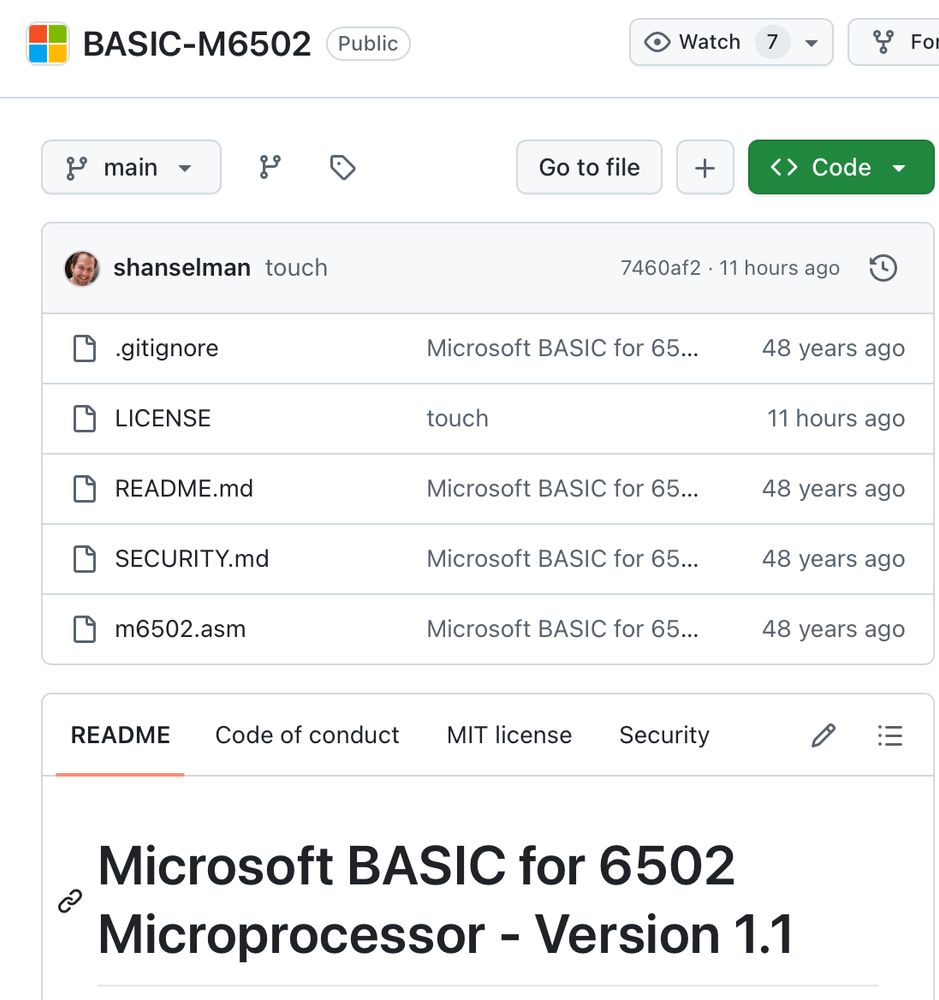 a screenshot of a microsoft github repo for 6502 BASIC where most of the files have a timestamp of “48 years ago”. if you mansplain my joke to me, I will launch you into the sun 