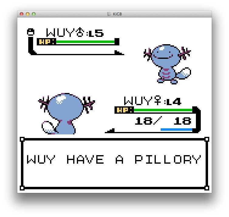 pokemon crystal screenshot of a battle between two woopers: "WUY HAVE A PILLORY"