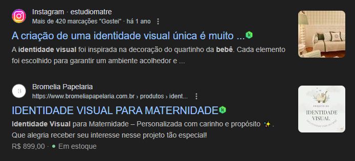 um post no instagram e um anúncio no google vendendo identidade visual para maternidade/bebês. preço: R$899,00