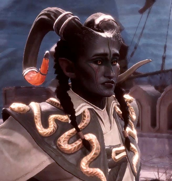 Ajola, a female Vashoth. Her right horn has an orange crystal grafted onto the end. She has dark grey skin, black hair in twin braids over her shoulders, and yellow-orange eyes with black sclera. She's wearing a white Tevinter robe with gold snakes on the shoulders.