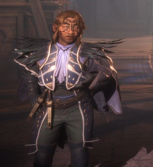 Fannar, an asian dwarf with blonde hair and black dwarven facial tattoos. He's wearing a fancy Crow outfit.