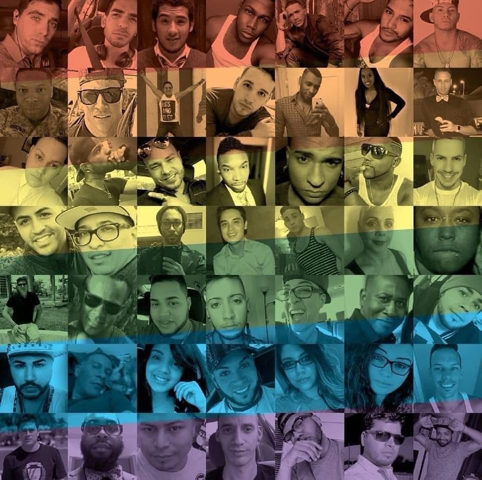 Picture square of the 49 victims of the Pulse Night Club shooting in the colors of the pride flag.