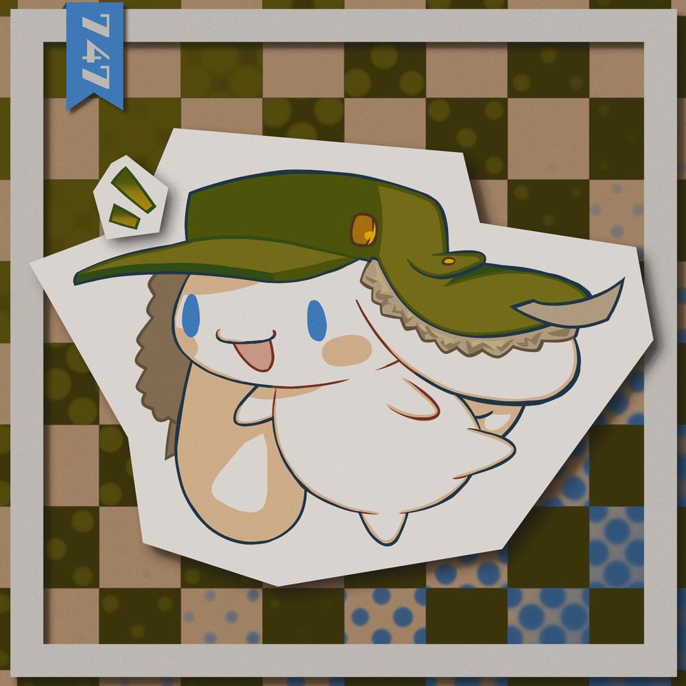 cinnamoroll with a trapper hat, the hat is olive green and a brim is attached to it