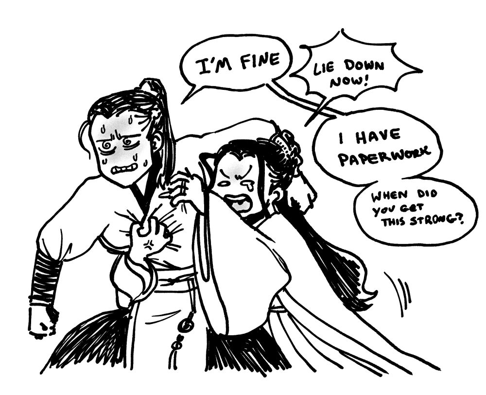 Jiang Cheng, clearly sick, tries to insist he's fine. Nie Huaisang is clinging to his torso, trying to get him to lay down and chill.