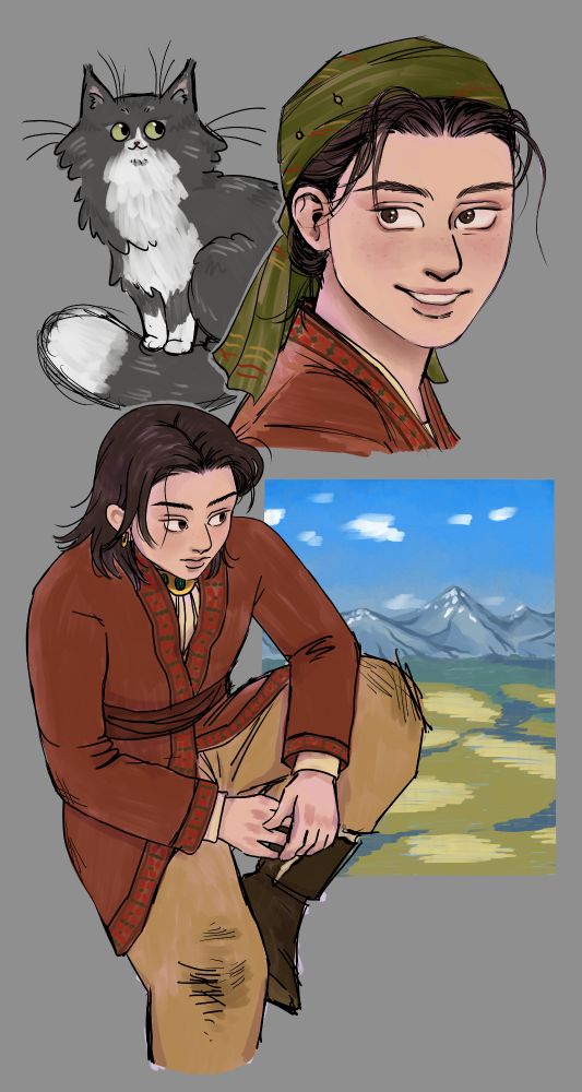 A cloud of sketches: two of a woman in a rust colored coat with black hair, one of a grey kitty, and one of a steppe landscape.