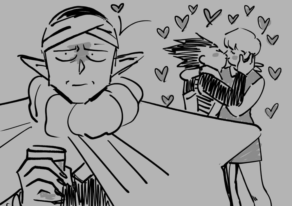 Piccolo in the foreground drinking water and looking uncomfortable as vegebul smooch in the background. They have an aura of lots of little hearts. One of the hearts is bouncing off piccolo.