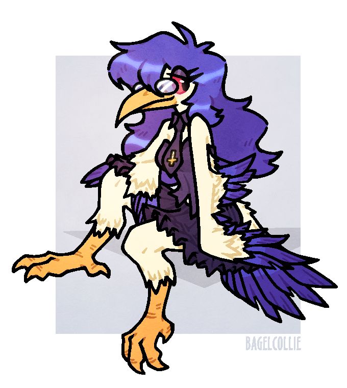 white feathered bird lady with red eyes and purple hair wearing glasses, a dark purple corset and skirt and a dark purple tie with an inverted cross.