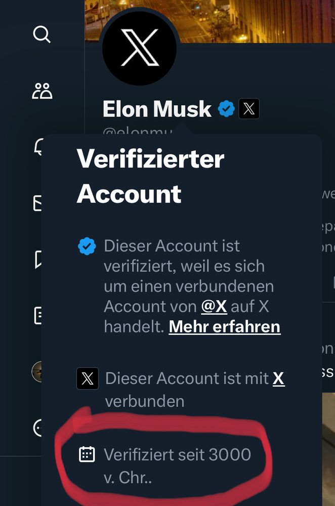 Screenshot of Elon Musks Twitter account, in which he claims that he is verified on X/Twitter since 3000 B.C.