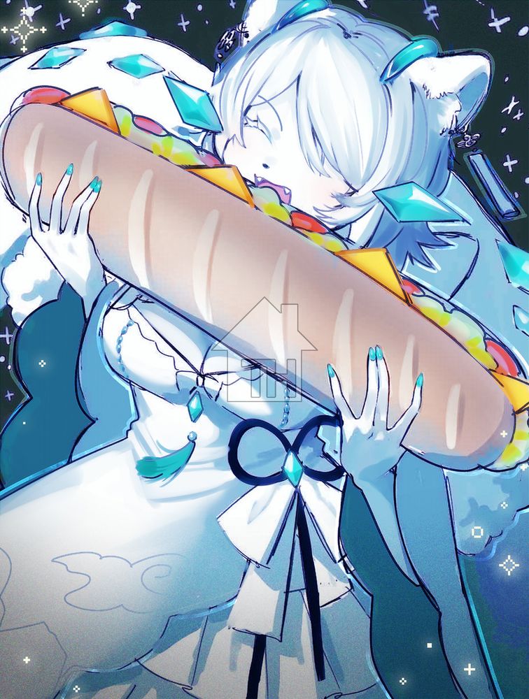 An anthro Chien-Pao woman happily eating a comically long sandwich.