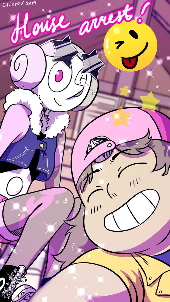 Earl and Steven from WDAU taking a selfie. Earl is in the back, sitting on something and wearing a neat little jean jacket with a fluffy collar. Steven is in the front sporting a yellow button up and a pink cap which is on backwards. They've added sparkles and the tongue-out emoji to the selfie, along with the words House Arrest! They both seem quite cheerful about their situation.