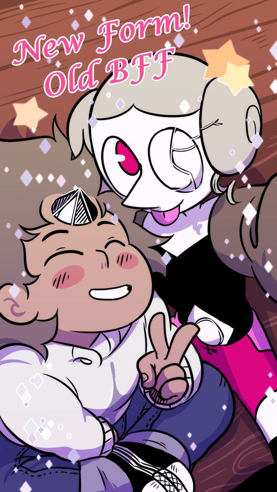 Selfie of WD!Steven and Earl from the White Diamond Steven Universe AU. Earl is reaching up to take a selfie from above. Steven is sitting by her side, holding up a peace sign. Earl is sticking out her newly pink tongue, and her form looks brand new, including her now hot pink shorts.