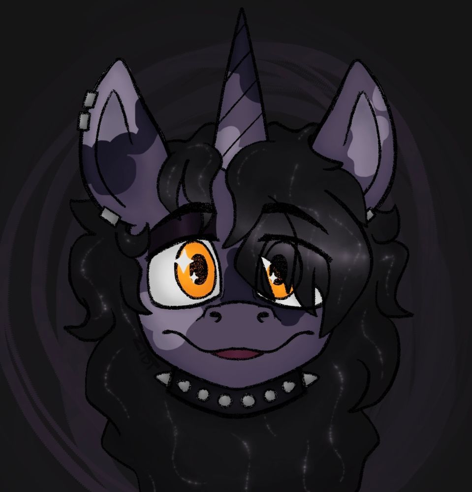 The head of a purple unicorn with light purple and dark purple patterns on his ears, horn, and face. He has orange eyes. He also has long hair with light strains of sparkles in them, his hair partially covers the right side on his face. He has a black spiked color, the spikes being silver. He also has his ears pierced, 3 on his left ear and 1 on his right.