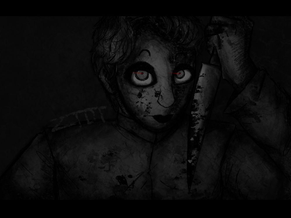 A masked man holding a knife looking at you. He has two small red dots of light on his pupils. His mask/face, body, hand, and knife are covered in blood. My signature ZTDT is written on his left shoulder
