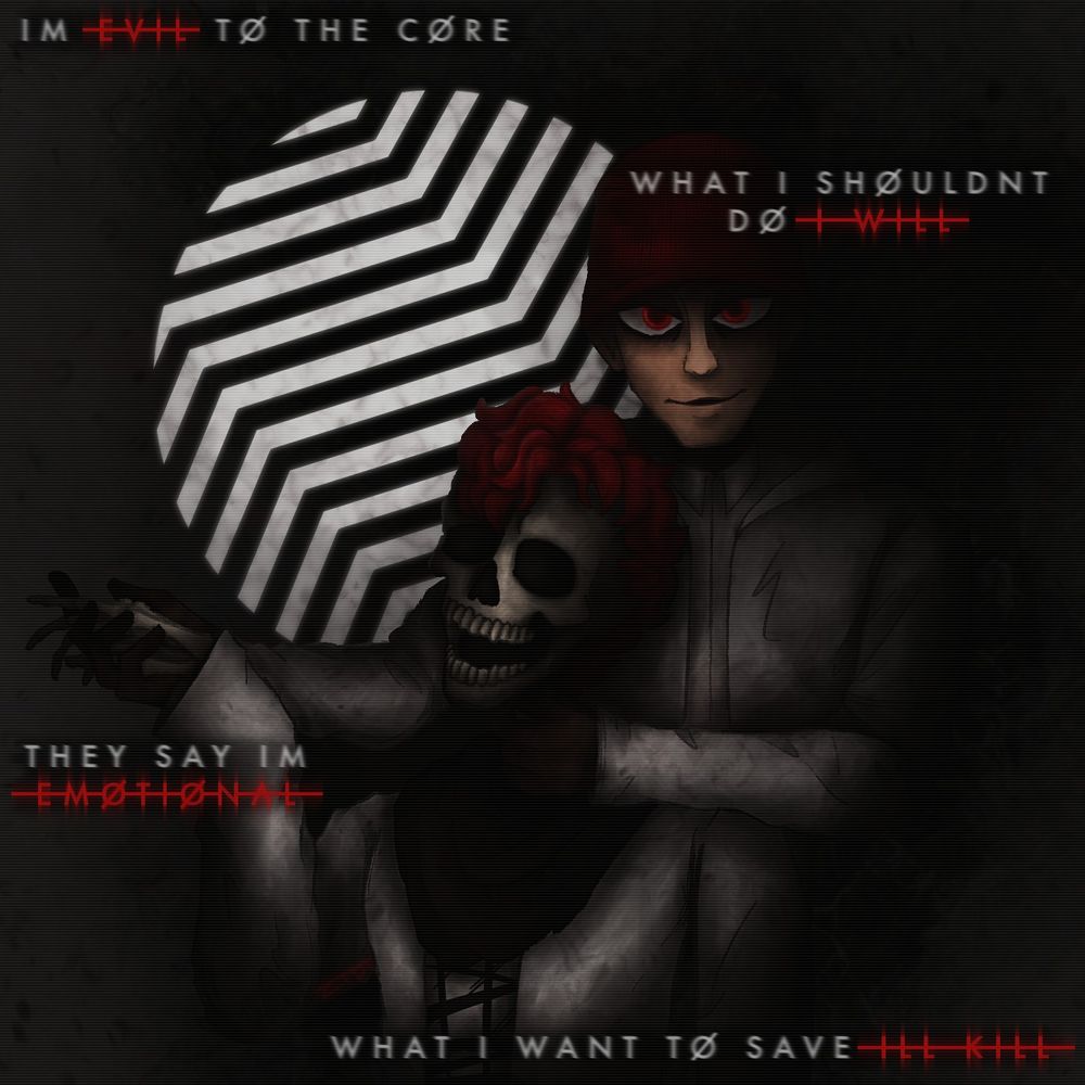 There are lyrics from the song Fairly Local by Twenty One Pilots that say, "I'm evil to the core. What I shouldn't do I will. They say I'm emotional. What I want to save I'll kill." A large white circle with crooked lines going through it, is in the background behind two people. The man on the right has red eyes and a red beanie, wearing a white jacket and a white shirt underneath. His neck and hands are painted black. He is holding the neck and hand of a skeleton. The skeleton has a red mohawk. The skeleton is wearing a black scarf, white jacket, and a white shirt with a design underneath. My signature ZTDT is in red, underneath the skeleton's left arm.