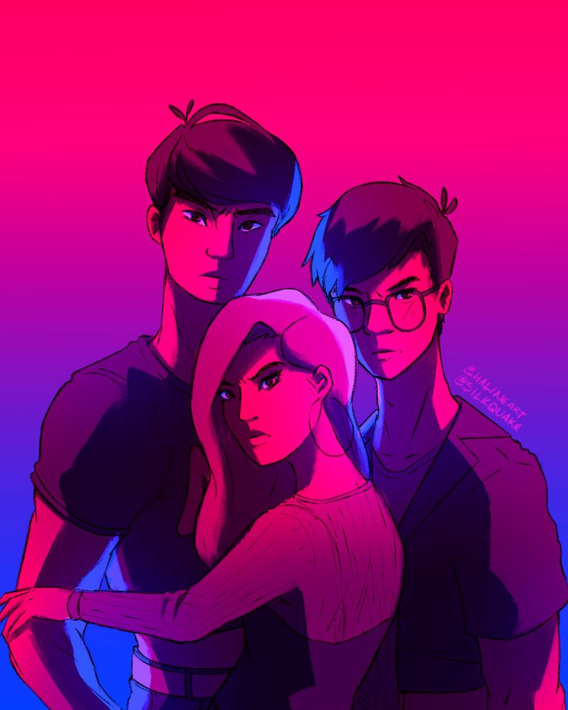 Digital drawing of Neo, Shin and Miw from 3 Will Be Free depicted standing huddled together from the waist up and looking directly at the viewer. Neo, the tallest and with a bowlcut with sideswept bangs, is on the left. Shin, with short hair swept to one side and wearing glasses, is on the right and Miw, the shortest and with long wavy hair, stands in the center with her back to us but her head turned to face us. Miw has a hand resting on Neo's elbow. The characters are bathed in bright pink light and backlit by a bright blue light. The background fades from a bright pink to a purple stripe and then a brignt blue, reminiscent of the bisexual pride flag.