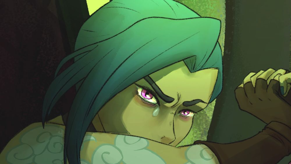 Close up of a digital illustration of Jinx from Arcane. She is bathed in green light, half of her face obscured by her arm, looking angry and shedding a single tear droplet, much like the painting 'The Fallen Angel' by Alexandre Cabanel.