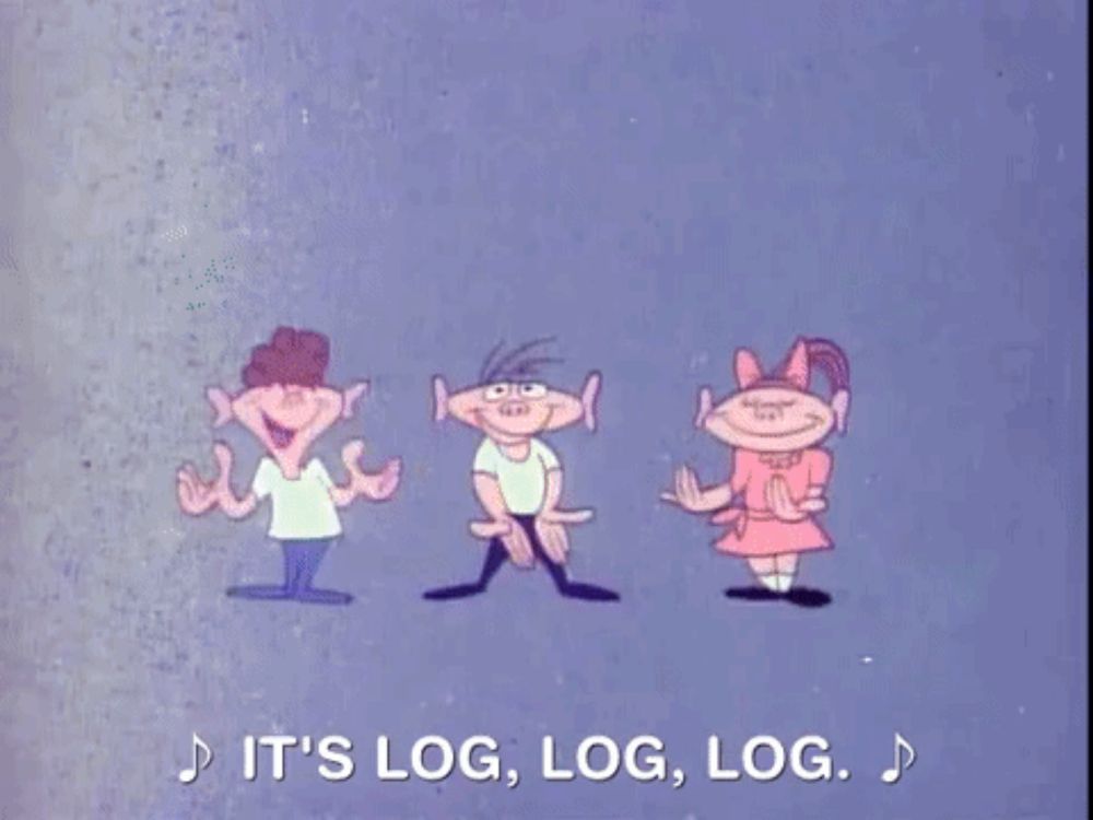 a cartoon girl in a pink dress is standing next to two logs and says it 's log , log , log .