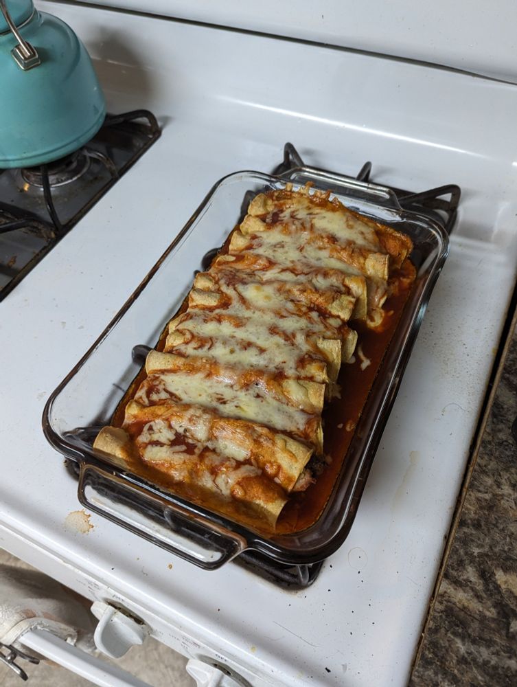 A baking dish fresh out of the oven containing enchiladas swimming in red sauce and covered in melted cheese.
