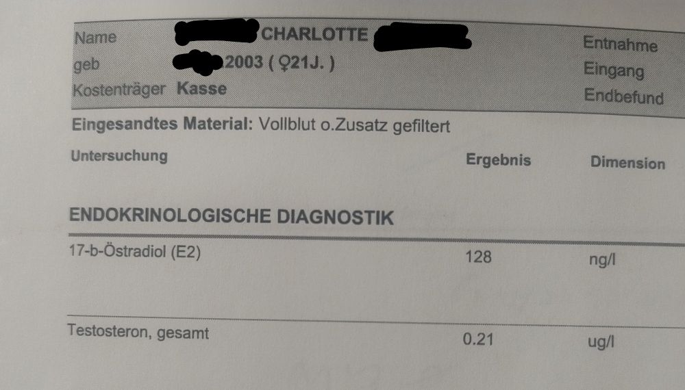 e: 128 ng/l
t: 0.21 ug/l

test has me as charlotte, female, 21 (born 2003)