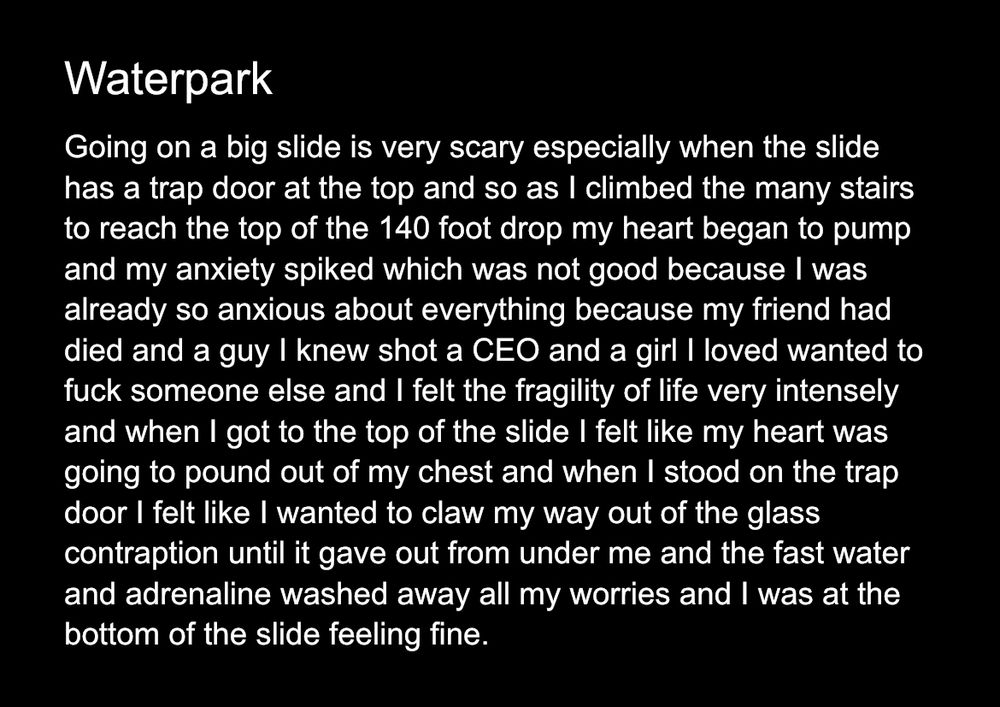 Going on a big slide is very scary especially when the slide has a trap door at the top and so as I climbed the many stairs to reach the top of the 140 foot drop my heart began to pump and my anxiety spiked which was not good because I was already so anxious about everything because my friend had died and a guy I knew shot a CEO and a girl I loved wanted to fuck someone else and I felt the fragility of life very intensely and when I got to the top of the slide I felt like my heart was going to pound out of my chest and when I stood on the trap door I felt like I wanted to claw my way out of the glass contraption until it gave out from under me and the fast water and adrenaline washed away all my worries and I was at the bottom of the slide feeling fine.
