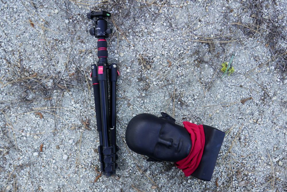The image shows Bishop, a DIY binaural mannequin head, lying on mineral soil in the Sierra Nevada with a red buff around its neck. Next to Bishop is a black tripod with red accents, folded and resting alongside it. Sparse vegetation is scattered across the ground.