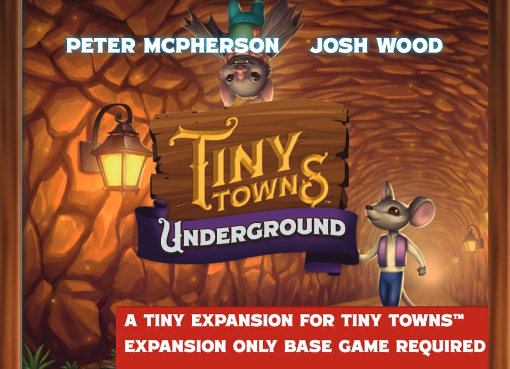 The cover art for Tiny Towns underground, featuring a mouse and a bat walking in a tunnel. The bat is walking on the ceiling.