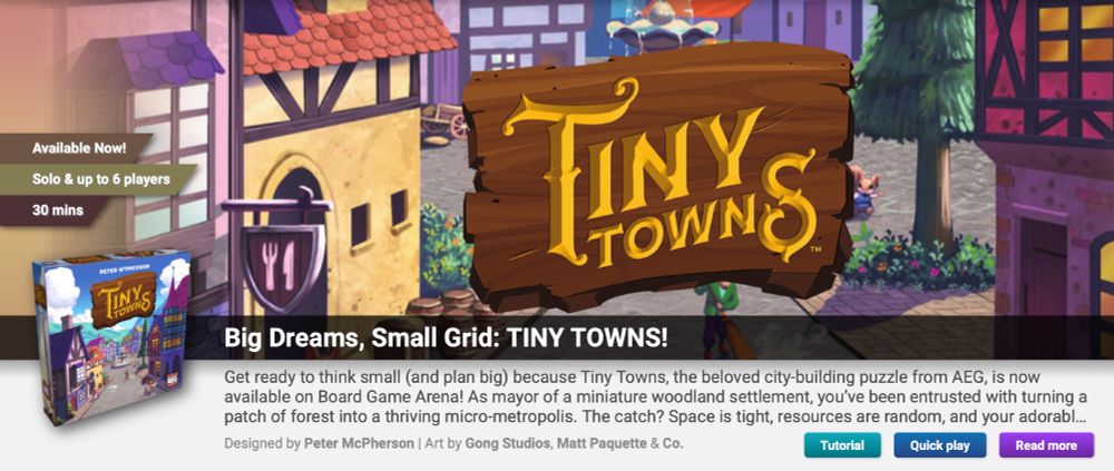 A banner image of the Tiny Towns logo and box art above a news article on Boardgamearena.com titled "Big Dreams, Small Grid: TINY TOWNS!"