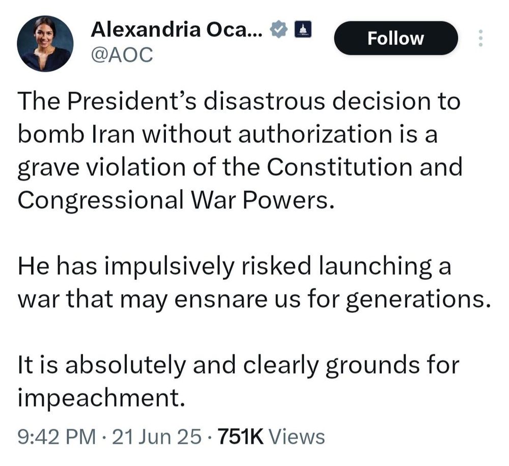 The President's disastrous decision to bomb Iran without authorization is a grave violation of the Constitution and
Congressional War Powers. He has impulsively risked launching a
war that may ensnare us for generations. It is absolutely and clearly grounds for impeachment.