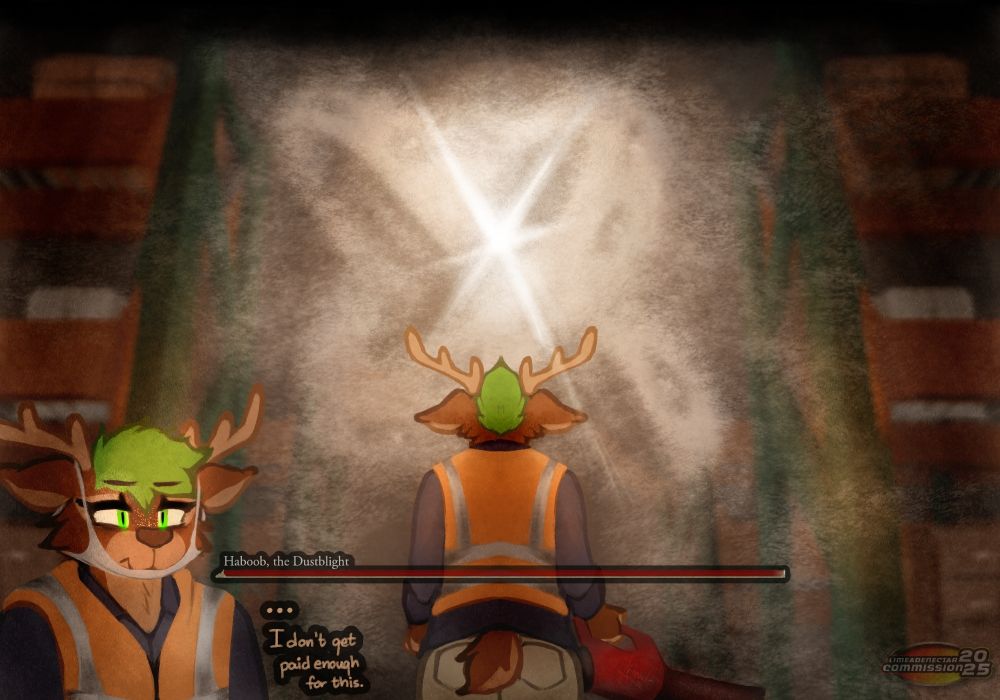 Luuka looks up at the towering dust monster created by the leaf blower. A boss health bar appears, denoting the creature as Haboob, the Dustblight. Luuka looks on incredulously, muttering to himself "I don't get paid enough for this."