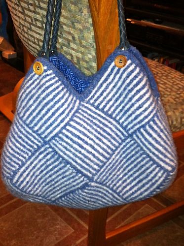 Blue & white striped, felted garter square bag.  Pattern by Ishi-Knit "Garter Stripe Square Bag"