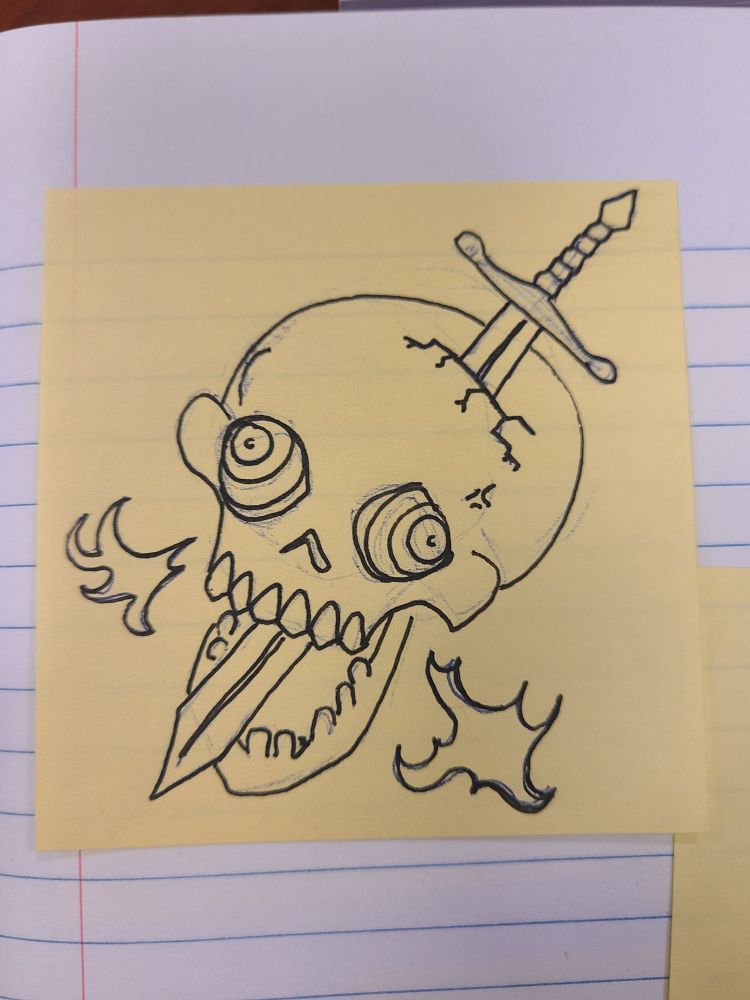 a skull with a sword piercing the head and fire gushing out the mouth