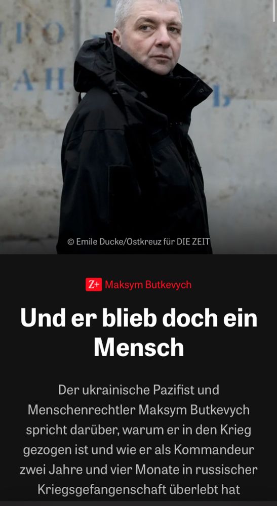 Bild von Maksym Butkevych und Überschrift aus der aktuellen Zeit, in der ein langes Gespräch mit Butkevych veröffentlich wird. 