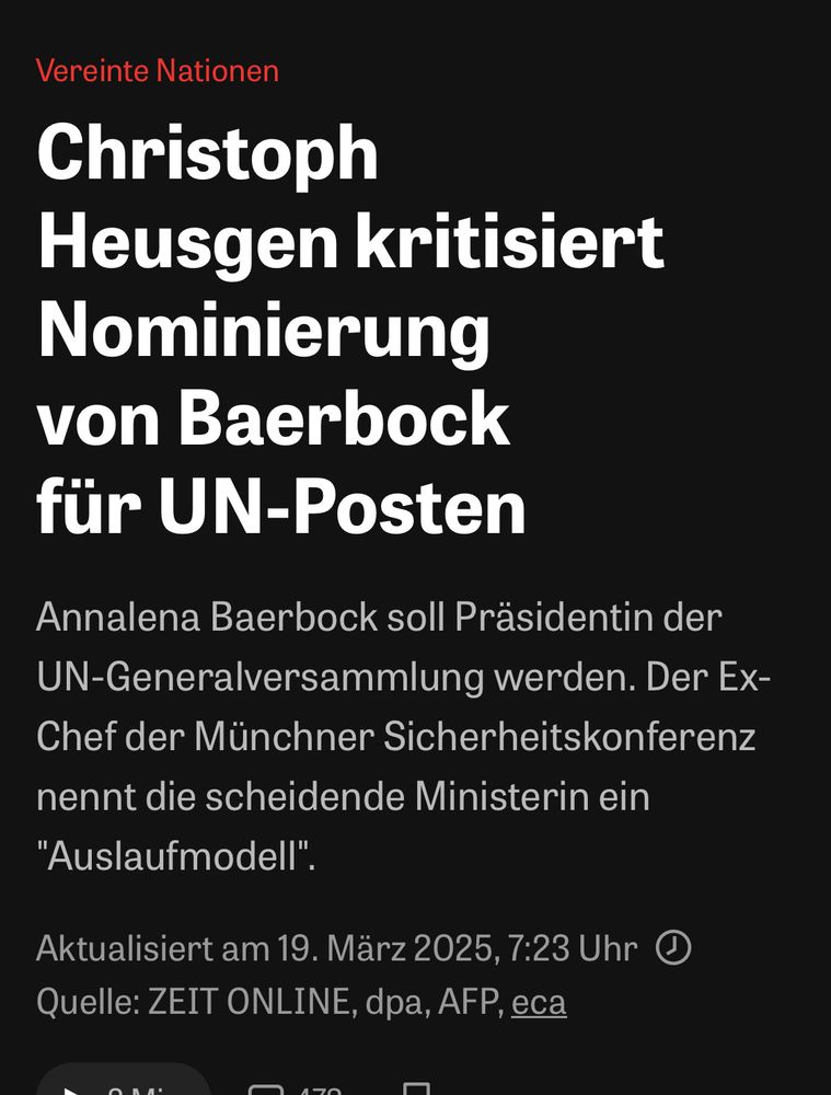 Meldung zu Ch. Heusgen, der Baerbocks Nominierung für die UN-Generalversammlung scharf kritisiert und Baerbock als „Auslaufmodell“ bezeichnet. 