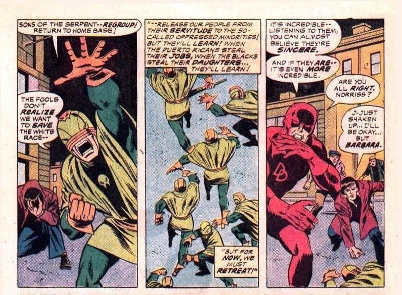 Three panels from Defenders #25 by Steve Gerber and Sal Buscema depicting members of the Sons of the Serpent retreating from battle and shouting how they want to save the White race from blacks and Puerto Ricans.
