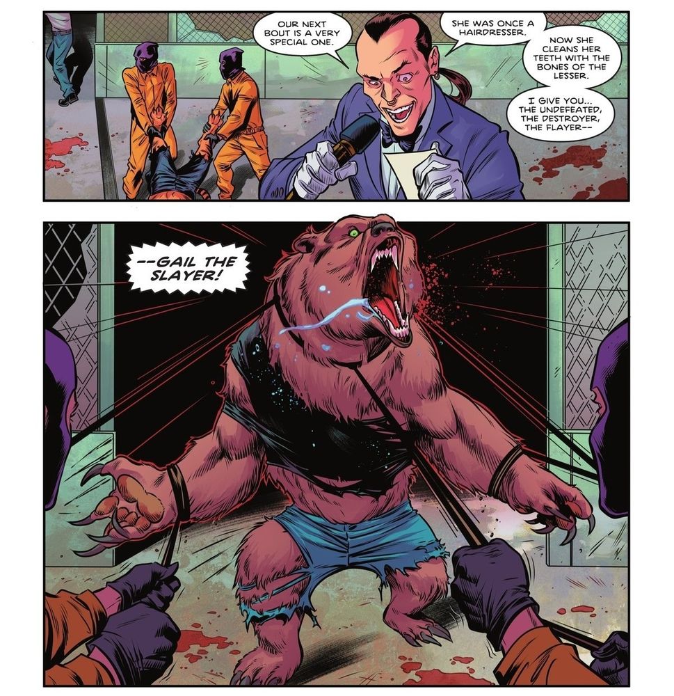 Two panels from Nightwing #110 written by Tom Taylor and illustrated by Sami Basri featuring underground Beast World animal fights and introducing Gail the Slayer, an obvious reference to writer Gail Simone.