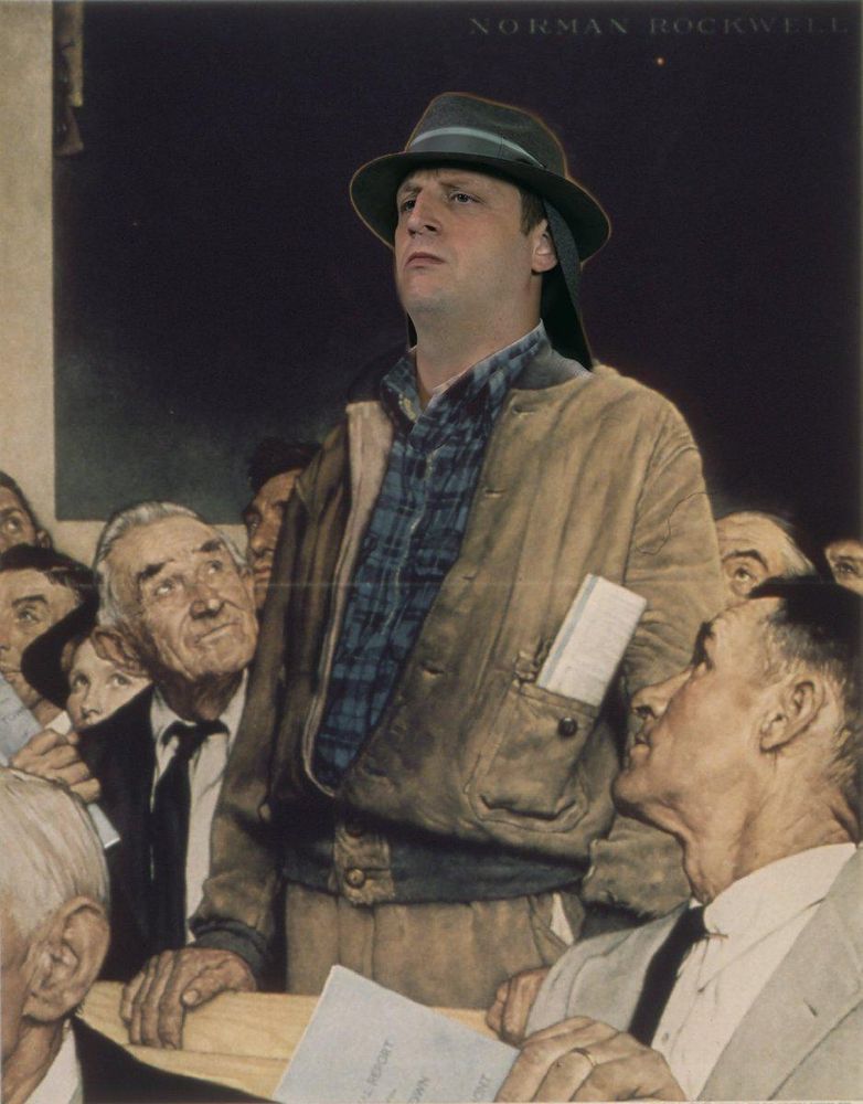 That one Norman Rockwell painting of the old timey guy standing up in a crowd, but it's Tim Robinson in The Hat