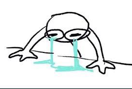 a meme photo of someone crying with tears pooling up on a table