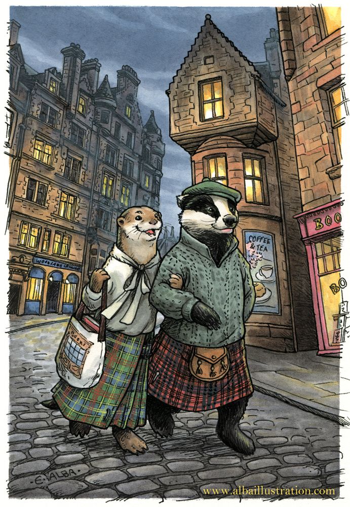 An ink, watercolor, and acryla gouache illustration of a kilted mustelid couple (badger and otter) strolling down Cockburn Street in Edinburgh Scotland.