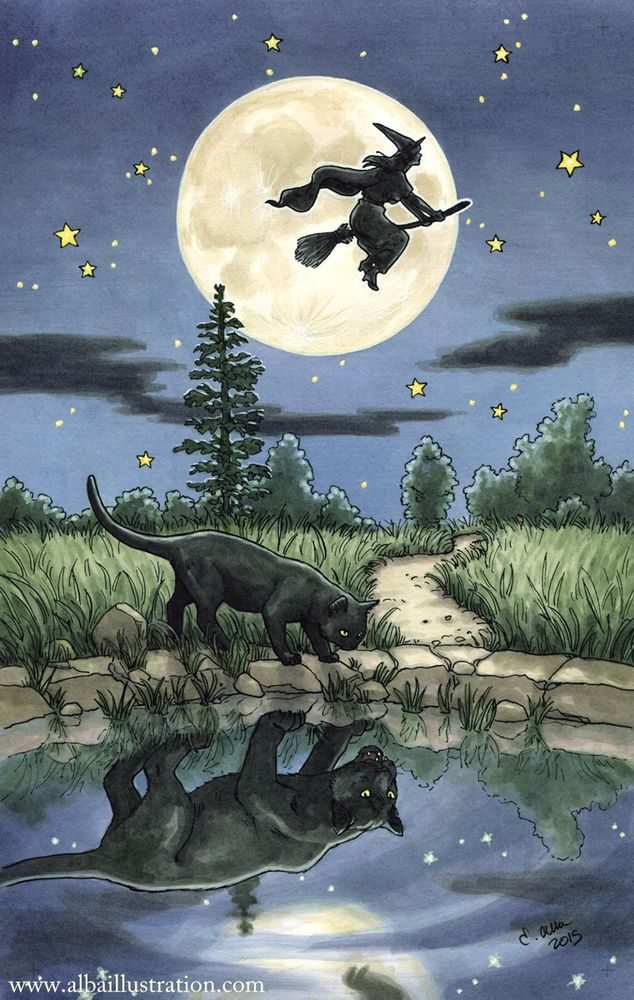 Illustration of a witch on broomstick flying in front of a full moon. Below a black cat looks into a pool of water. The cat's reflection is a black panther.