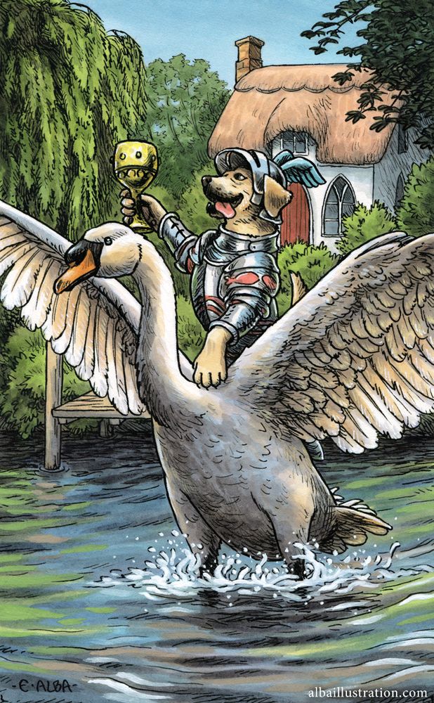 Ink and watercolor illustration of a labrador retriever dressed as a knight in armor, holding up a golden chalice, and riding on the back of a swan about to take flight from water. Cute cottage in the background.
