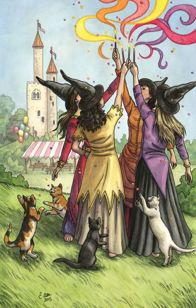 Illustration of 4 witches and 4 cats on a hillside celebrating. The witches are raising their wands aloft with magical streamers coming out of the tips. The cats are playing with magical sparkles. Castle and party tent in background.