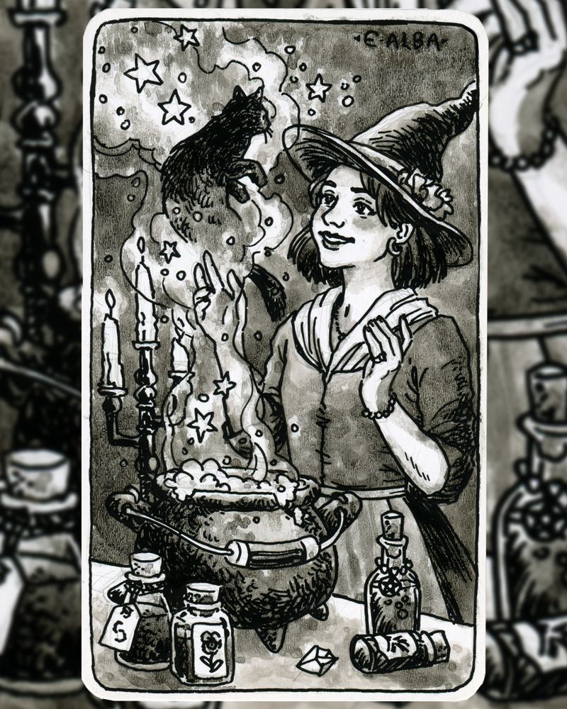 Black and white ink illustration of a happy witch in front of a bubbling cauldron with magical smoke and stars and sparkles billowing out of it, a cat taking shape within the smoke.