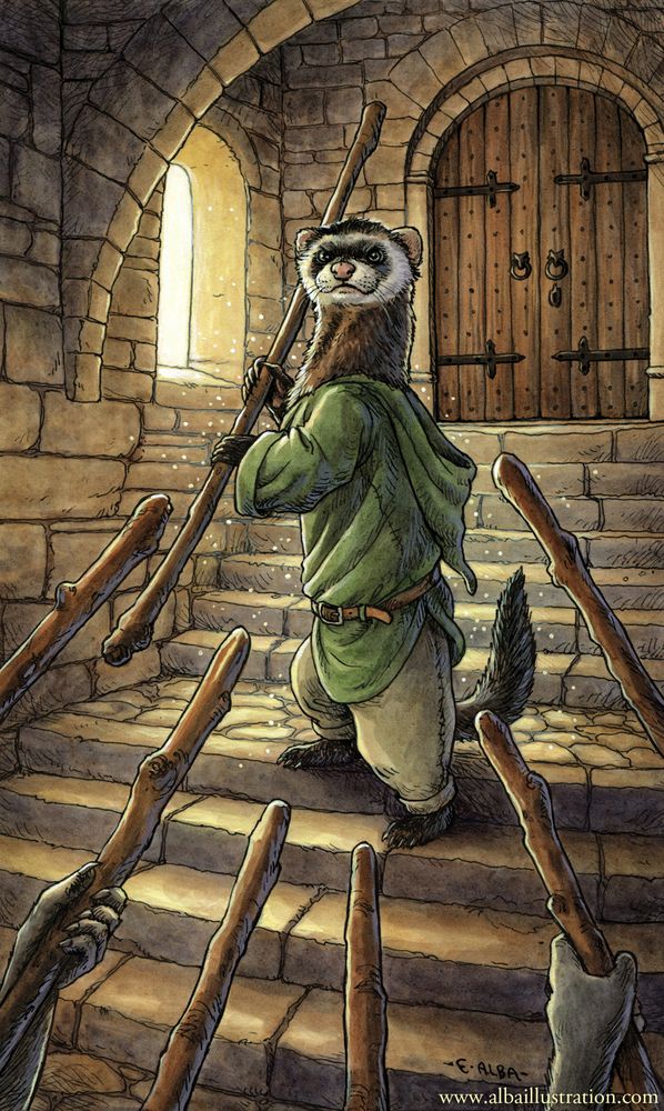 Ink, watercolor, and acryla gouache illustration of a polecat holding a staff in a defensive position, standing on stone steps in a medieval tower. There are 6 other wands facing him from offscreen.