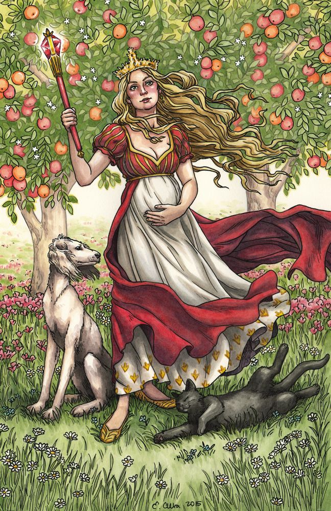 Ink and watercolor illustration of a blonde woman with a gown and crown, holding a scepter, her hand on her stomach (hint of pregnancy). There is a black cat and white dog at her feet, apple trees in the background.